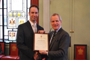 Sir Jeremy de Halpert, Deputy Master of Trinity House presents Chris Smith, Systems Engineer at Tideland Signal Limited, with a special award in recognition of Tideland’s “exceptionally long and effective service” in supplying buoys, lanterns and solar packages to the Corporation for more than 20 years.