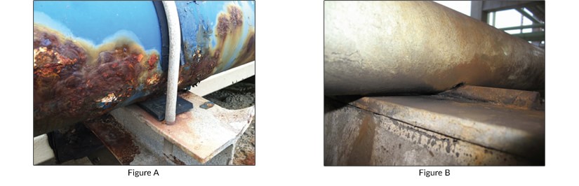 In Figure A, the corrosion barrier of a coated pipe is compromised over time due to operating variables such as movement. In Figure B, corrosion has begun at the point where pipe intersects support steel.