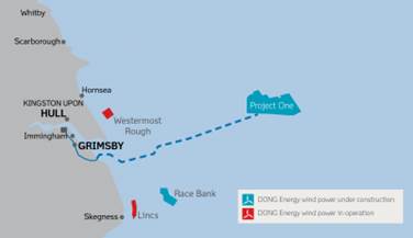 The 1.2 GW Hornsea Project One wind farm will take up an area roughly as large as that of Cologne and will produce approximately enough energy to power well over one million homes. 